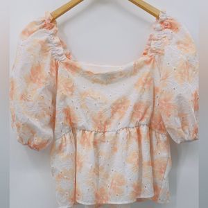 Arula Puff Sleeve Eyelet White Peach Off Shoulder Top